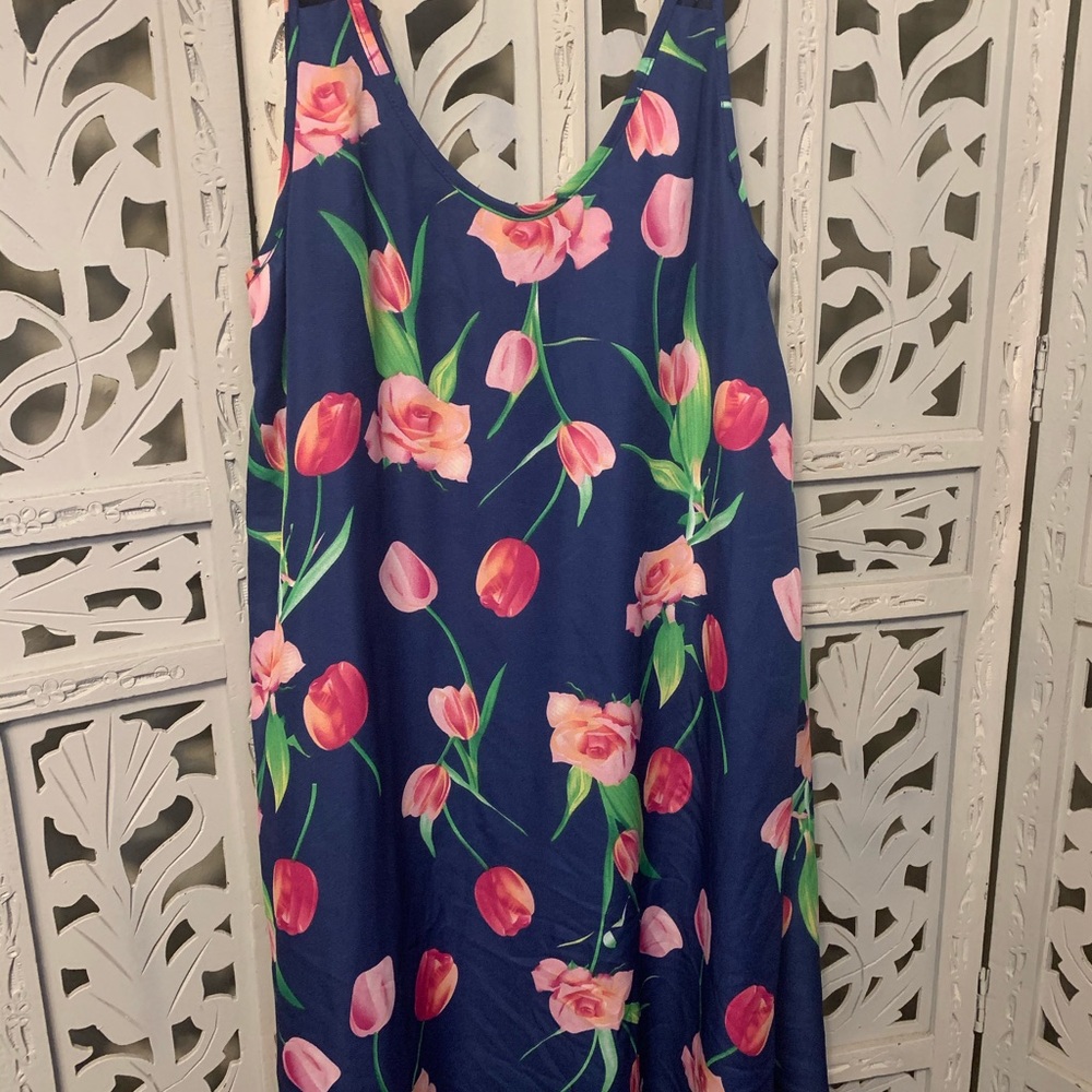BLUE WITH PINK FLOWERS SLEEVELESS SWIM COVER OR MINI DRESS - Picture 2 of 5
